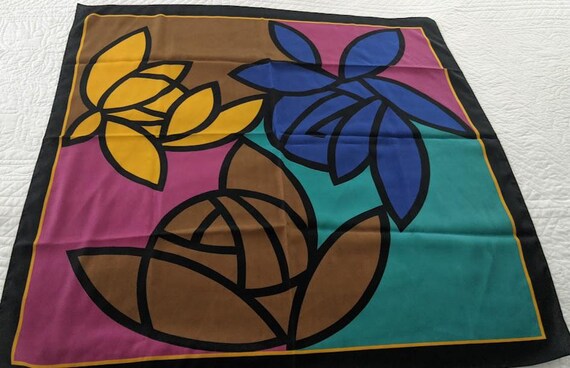 Vintage Multi Color Women's Scarf Made in Italy. Square polyester Multi Color Scarf with Beautiful Colors of Fushia, Teal and other Colors