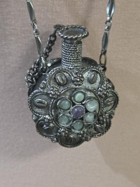 Perfume / Snuff Bottle Bohemian or Tribal Style. Silver Gray Patina with Semi Precious Stones