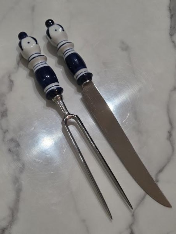 Rosenthal Ceramic Grill Blue Stainless Steel Carving Set Made in Copenhagen (Blue and white handle)