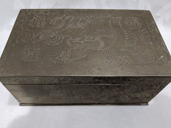 Antique Small Brass and Wood Chinese Humidor box.  Vintage Chinese Brass Humidor Box. Asian Antique China Brass Box.Ornate Dragon Motif
