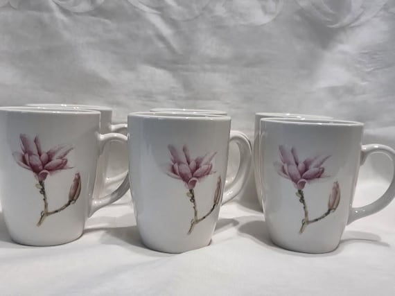 Vintage Thomson White and Pink Magnolia Blossom Coffee Mugs. Set of Six Pink Magnolia Flower Mugs.