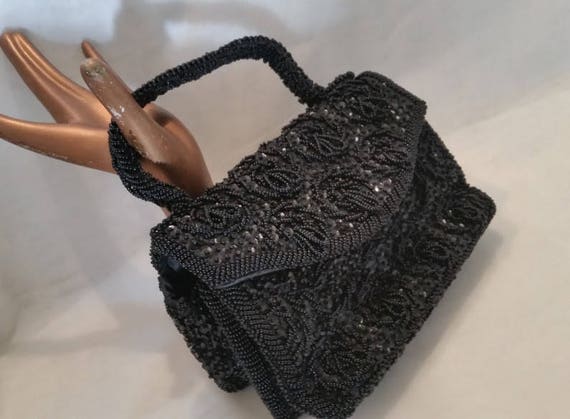 Turn of The Century Black Beaded Formal Bag. Black Glass Beads and Sequence Evening Bag. 1950's Black Beaded Purse. Cutest Beaded Formal Bag