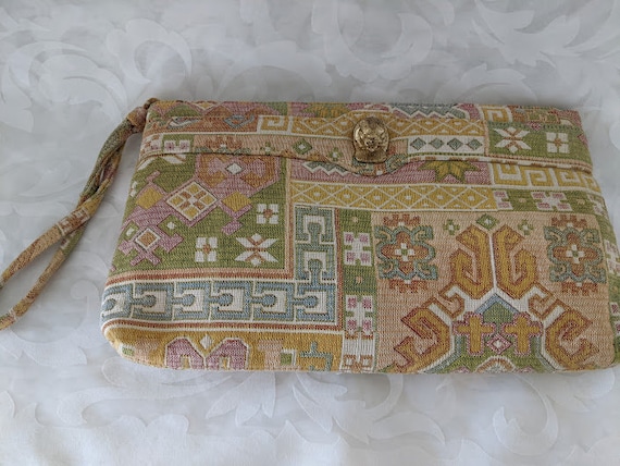 Ruth Saltz Tapestry Clutch. Vintage Ruth Saltz Fabric Tapestry Gold tone Cougar Icon. Neutral Color Tapestry Clutch with Satin Lining