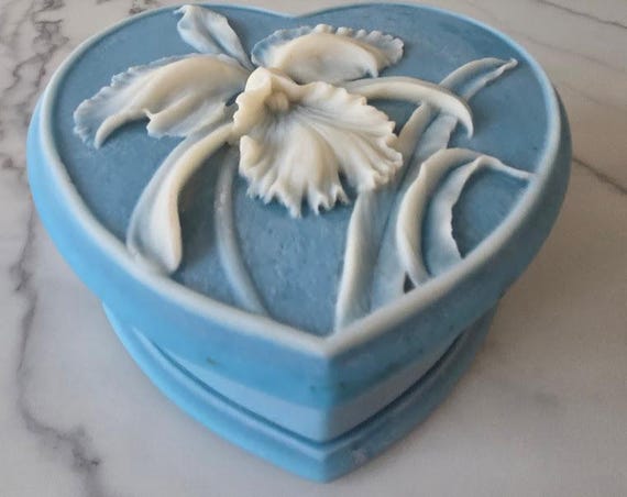 Vintage Blue Genuine Incolay Stone Heart Shaped Jewelry Box. Blue Stone with Raised White Orchid Flower