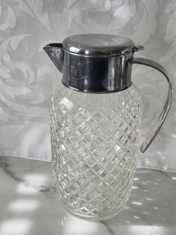 Vintage Diamont Cut Pattern Glass Pitcher with Silver Plated Lid and Handle