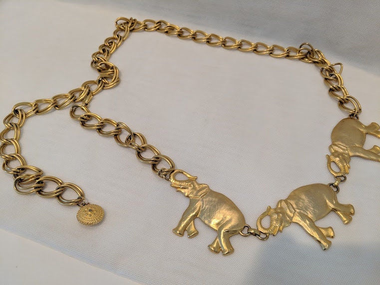 Vintage Gold Tone Elephant Medallions Chain Belt. Adjustable Link Gold ...