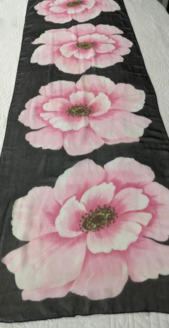 Vintage Long Rectangular Silk/Polyester Black and Pink Scarf.  Large Pink Flowers with Black Border Women's Scarf