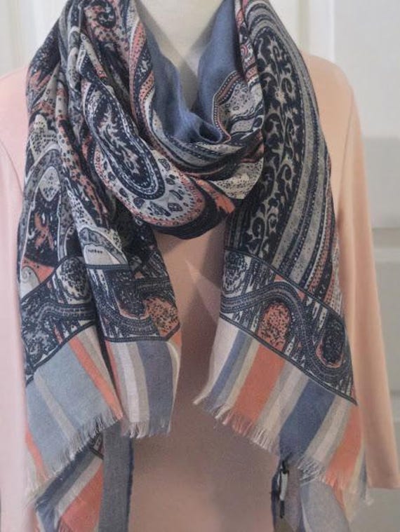 Gold Coast Long Rectangular Scarf.  Coral & Blue Long Rectangular Wrap Scarf.