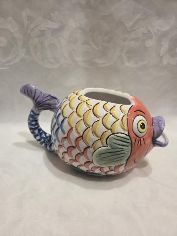 Pescada Ceramic Whimsical Fish Pitcher. Hand Painted Vibrant Colors Fish Pitcher for Coastal Decor
