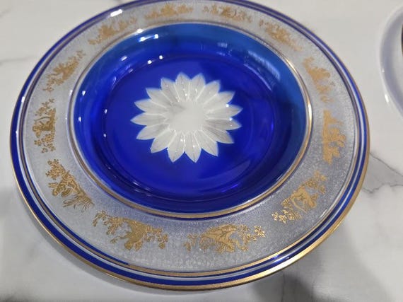 Vintage Vibrant Cobalt Blue Glass Bowl/Dish with Gilded Gold Cherub Border Cut Starburst Center.