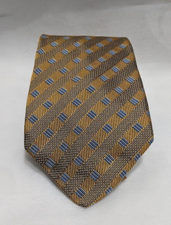 Burberry Vintage Gold Blue Silk Extra Long Necktie.  Made in England Burberry Gold Necktie