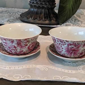 Vintage Pair Of Chinese Tea Cups and Bowl Saucers.  Hand Painted Floral Pattern Tea Cup Set.  Pink Floral Chinese Tea Cups.Porcelain teacups