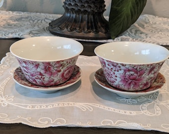 Vintage Pair Of Chinese Tea Cups and Bowl Saucers.  Hand Painted Floral Pattern Tea Cup Set.  Pink Floral Chinese Tea Cups.Porcelain teacups