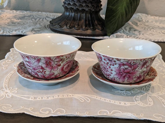 Vintage Pair Of Chinese Tea Cups and Bowl Saucers.  Hand Painted Floral Pattern Tea Cup Set.  Pink Floral Chinese Tea Cups.Porcelain teacups