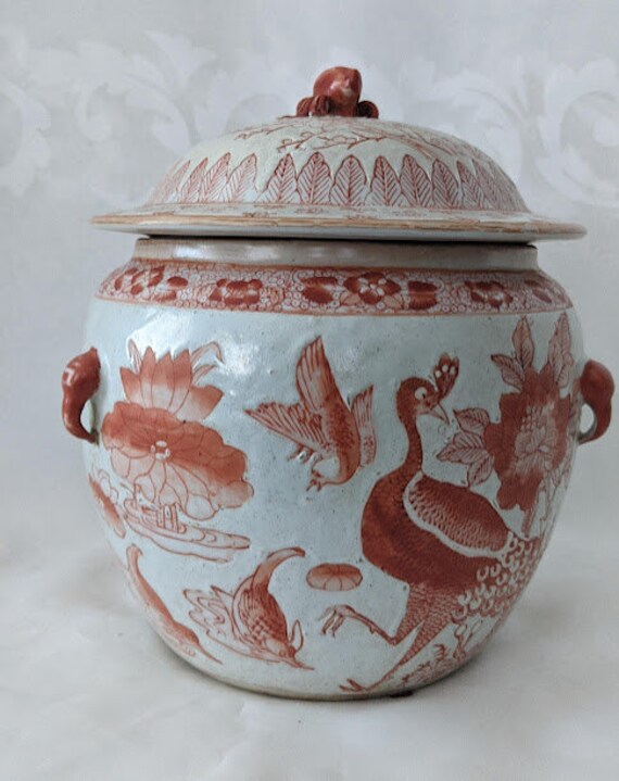 Vintage Jiaqing Seal Mark Iron Red Porcelain Lidded Pot. China Porcelain Vintage Hand Painted and Carved Flowers, Peacock and Birds. SALE