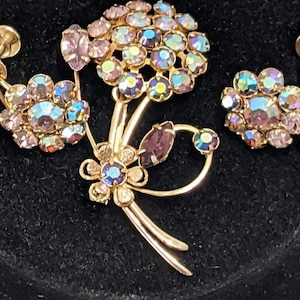 Vintage Aurora Borealis Stones Flower Brooch and Screw Back Earring Set