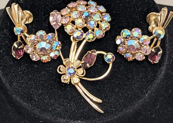 Vintage Aurora Borealis Stones Flower Brooch and Screw Back Earring Set