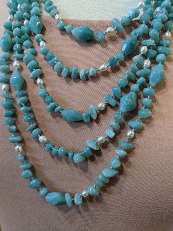 Blue Amazonite Statement Necklace. Multi Strand Blue Amazonite Beads Necklace. Amazonite stone and Fresh Water Pearl Statement Necklace SALE