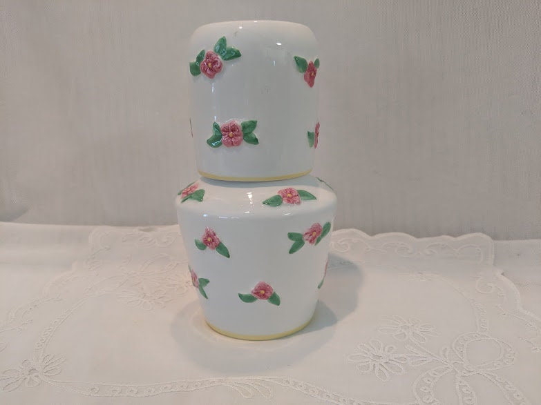 Vintage Bedside Water Carafe and Cup. Ceramic water decanter with Pink