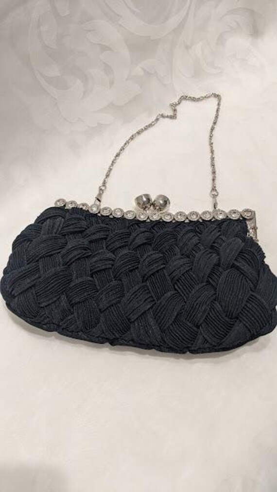Elegant Satin Braided Pleated Evening Clutch.  Satin and Rhinestone Clutch with Two Chain Straps. Black Satin Silver Hardware Formal Purse.