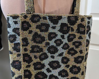 Leopard Beaded Small Tote Evening Purse.  Small Beaded Formal Bag. Small Tote Style Leopard Beaded Two Handle HandBag