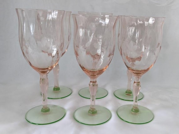 Vintage Watermelon Green Six Cordial Goblets and Two Watermelon Green Sherbert Glasses. Eight Pieces Total Watermelon Green Glassware.