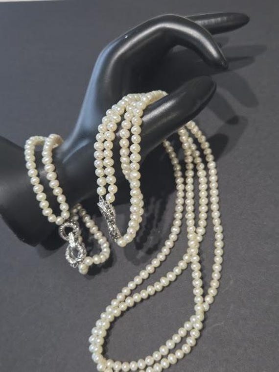 Fresh Water Pearl Vintage Necklace and Bracelet Set.  Cream Color Double Strand 5mm Purity Pearls with Metal Twisted Clasp.