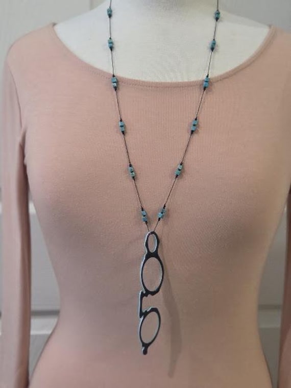Two-tone Hanging Lorgnette. Navy/teal Acetate/Zyl Plastic Small frame with Matching Chain.