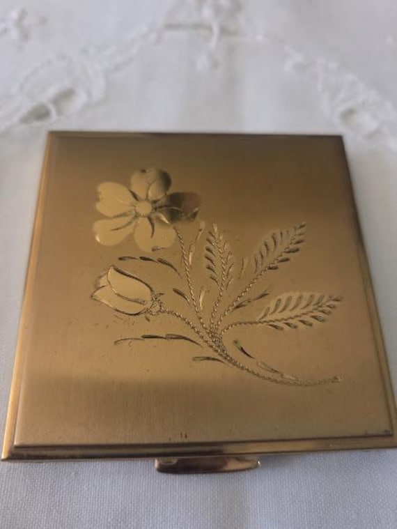 K & K Kotler Kopit Metal Square Powder Compact.  Vintage Edged Floral Design Metal Powder Compact with Mirror and Puff