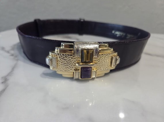 Vintage Judith Leiber Deep Purple/Plumb with Gold Tone Gemstone Buckle.  Adjustable Leather Belt
