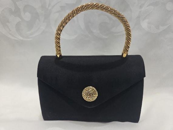 Vintage Small Black Fabric Evening Bag with Gold Top Handle and Gold Botton Snap Closure. Small Barrel Style Formal Black Wrist Bag.