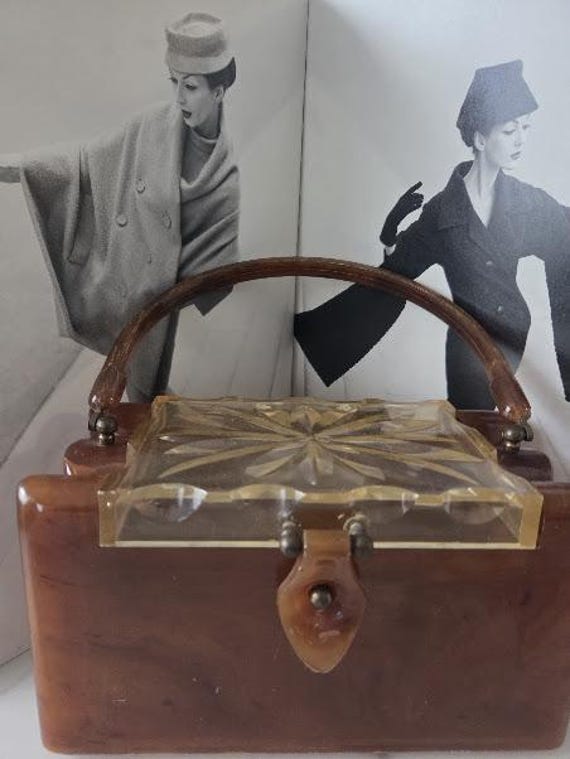 Tortoiseshell Lucite Vintage Box Purse with Top Handle.