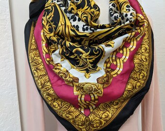 Vintage Gold/Black Leopard Center Print Scarf.  Gold Chains, Black Leopard Print Fashion Scarf.  Large Square Italian Designer Style Scarf