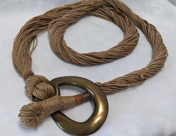 Vintage Tan Cord Rope Tie Belt with Heavy Large Brass Buckle.  Adjustable Cord Rope Waist/ Hip Belt