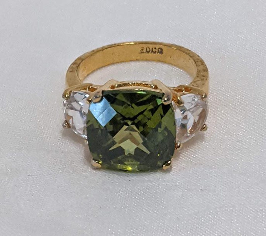 EDCO Cocktail Peridot Color Cubic Zirconia Three Stone Ring Size 7 - Etsy