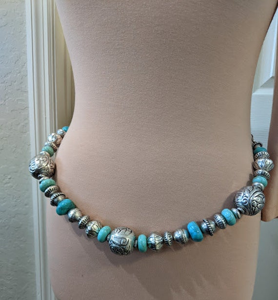 Vintage Chico Faux Turquoise Concho Belt. Chico Chunky Large Silver Tone Beads and Faux Turquoise Chain Belt