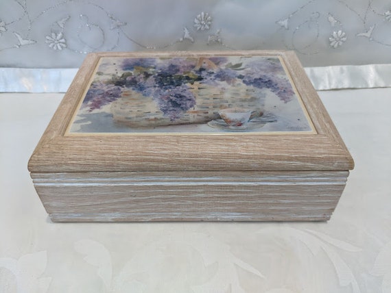 Vintage Grafic Art Tile Jewelry Music Box.  White Washed Oak Wood Tile Top Jewelry/ Music Box