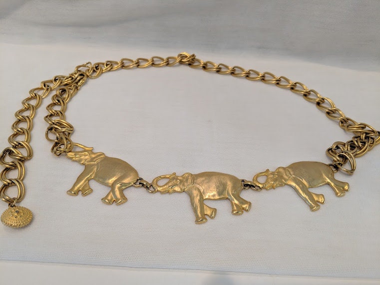 Vintage Gold Tone Elephant Medallions Chain Belt. Adjustable Link Gold
