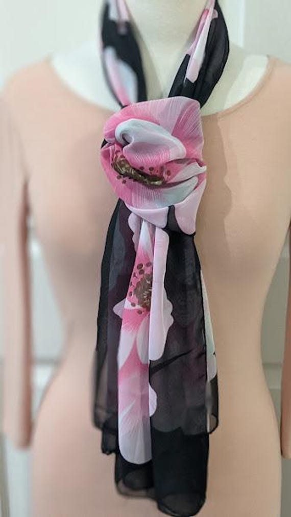 Vintage Long Rectangular Silk/Polyester Black and… - image 7