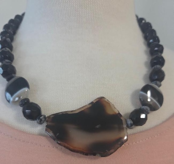 Black Glass Beads and Agate Flat Stone Statement Necklace.