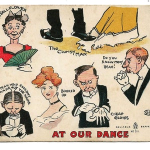 ポストカード「私たちのダンス」エドワード朝のパーティーでの漫画のユーモアキャラクター、1907 年投稿