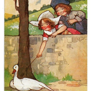 "Postkarte ""Never Trouble Trouble"" Humor Kinder stochern eine Gans von Künstlerin Agnes Richardson gedruckt."