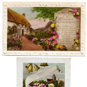 2 Postkarten Lot Hochzeit & Hochzeitstag Grußkarten Reethaus Gartenblumen 1920er Jahre ?