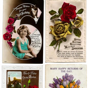 4 Geburtstag Postkarten Lot Grußkarten Kind 6. Tochter Neffe Blumen gestempelt UK 1930er Jahre
