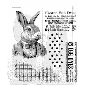 May include: Black and white illustration of a rabbit wearing a bow tie and a suit jacket. The image is a vintage advertisement for Easter egg dyes. The text reads "Easter Egg Dyes", "Mr. Rabbit-Mrs. Hen-Chicks in their shells of COLORED EGGS-EASTER LILIES", "NOVEL-ATTRACTIVE-QUICK SELLING GREAT COMBINATION ENVELOPE", "8 Tablet Colors (100 Shades) Retails 5c", "100 Transfer Pictures on 6 Sheets", "5 Egg Dyes Strong Coloring Safe", "100 Different Colors and Designs for 5 Cts", "Each Package Contains Enough to Color and Decorate More than 300 Eggs".