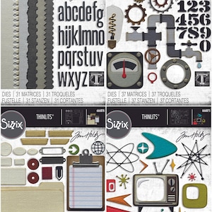 May include: Four sheets of metal dies for crafting. The dies are designed by Jim Holtz and feature a variety of shapes and designs, including letters, numbers, gears, and retro-inspired shapes. The dies are labeled "Thinlits" and are made by Sizzix.