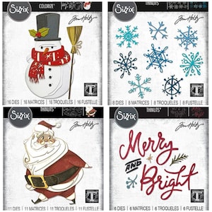 May include: Four Sizzix Thinlits die sets featuring holiday designs. Includes a snowman with a top hat and broom, snowflakes, Santa Claus, and the phrase "Merry and Bright" in red and green.