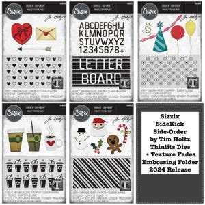 May include: A set of six Sizzix Sidekick Side-Order Thinlits Dies and Texture Fades Embossing Folder by Tim Holtz. The set includes dies for a heart with an arrow, a letter board, a snowman, Santa Claus, a gingerbread man, and a coffee cup. The set also includes a texture fades embossing folder.