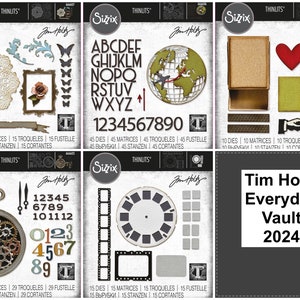 May include: Six die sets for crafting featuring various designs including a clock, butterflies, a globe, a heart, a shield, a box, and numbers. The die sets are part of the Tim Holtz Everyday Vault 2024 collection.