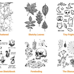 May include: A set of 10 black and white Halloween themed rubber stamps. The stamps feature images of a spider web, leaves, a skull, a ghost, a bat, a pumpkin, an owl, a witch's hat, a candy corn, and a cauldron. The stamps are arranged in a grid pattern on a white background.